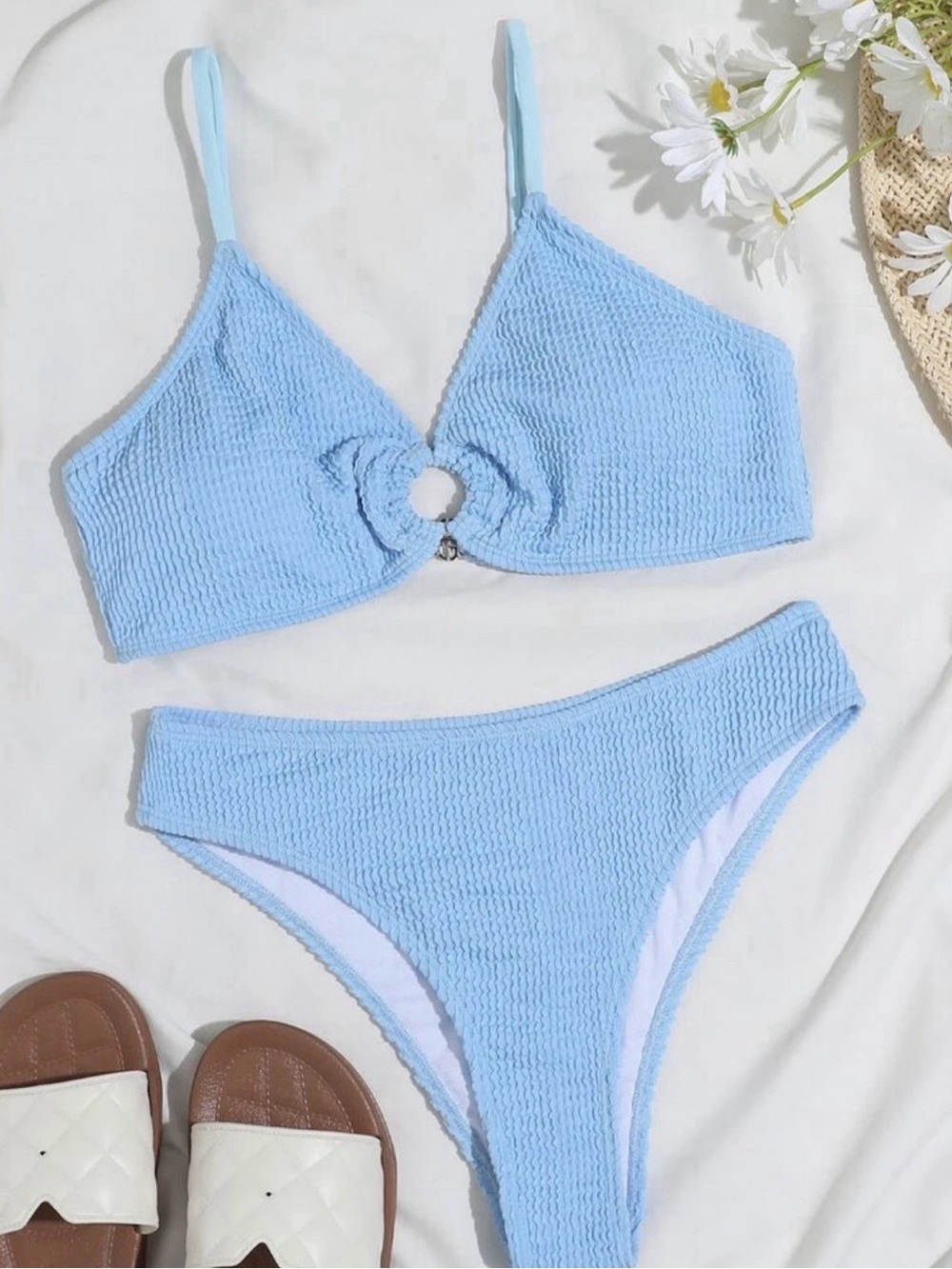 Light Blue Textured Ring-Front Bikini Set - Women Swim S